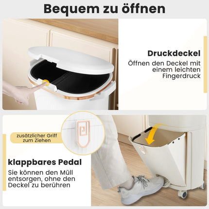 Kuchyňský odpadkový koš 38L s víkem, 2 vyjímatelné nádoby, pedál, kolečka