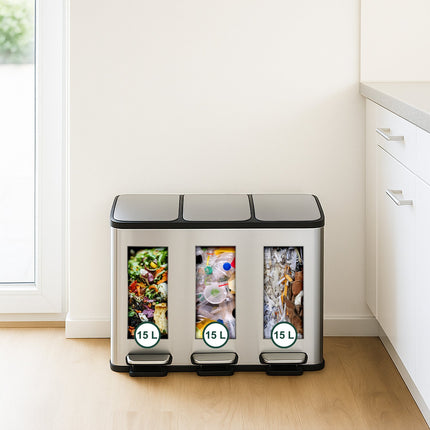 kuchyňský koš se 3 přihrádkami, 3x 15L, víko s tlumeným zavíráním