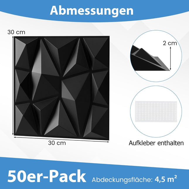 3D nástěnné panely, černé PVC, 50 ks, 30x30 cm, pokrytí 4.5m²