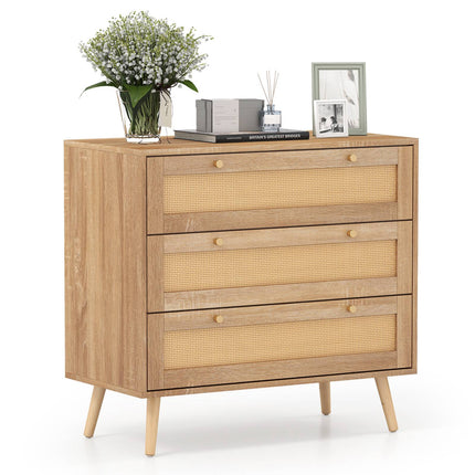 ratanová komoda se 3 zásuvkami, přírodní boho noční stolek