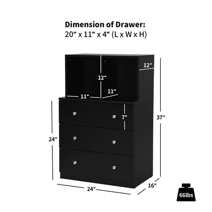 3-Drawer Storage Dresser with 2 Cubbies for Bedroom, Black, Anti-Tip Device