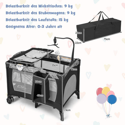 3 V 1 přistýlka, skládací cestovní postýlka s matrací a závěsnou hračkou 102 x 72 x 74 cm šedá