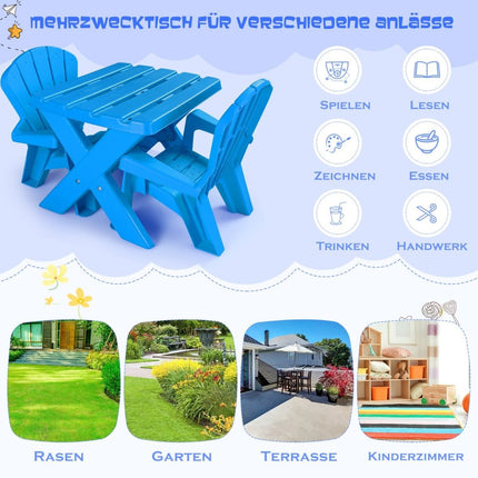 3 ks dětská sedací sestava z plastu, dětský stůl se 2 modrými křesly Adirondack