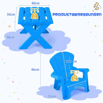 3 ks dětská sedací sestava z plastu, dětský stůl se 2 modrými křesly Adirondack