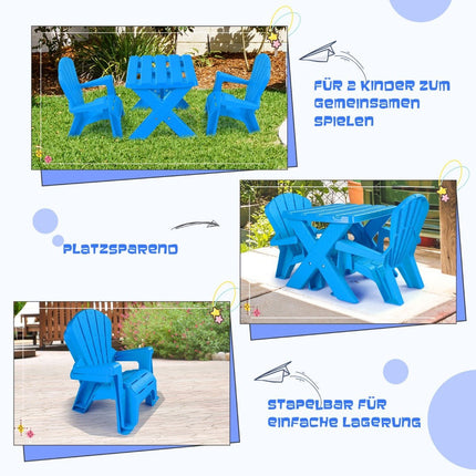 3 ks dětská sedací sestava z plastu, dětský stůl se 2 modrými křesly Adirondack