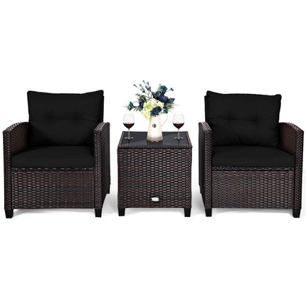 3 PCS. Rattan garden furniture set, balcony furniture, garden lounge with seat cushions and coffee table, black