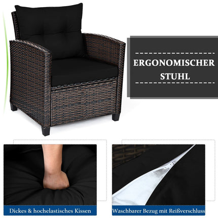 3 PCS. Rattan garden furniture set, balcony furniture, garden lounge with seat cushions and coffee table, black