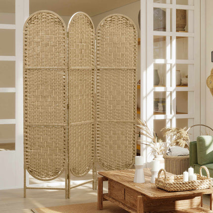 3-Panel Folding Room Divider with Arched Top, Natural Finish