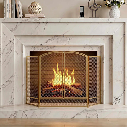 3-Panel Gold Metal Fireplace Screen with Double Doors