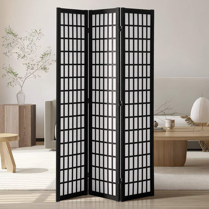 3-Panel Japanese Room Divider, Wood Folding Privacy Screen