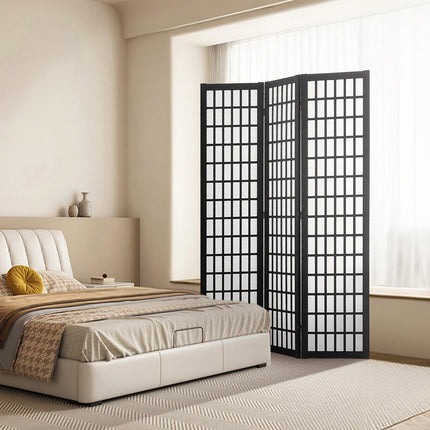 3-Panel Japanese Room Divider, Wood Folding Privacy Screen