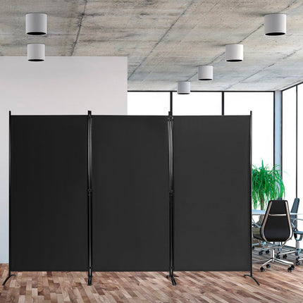 3-Panel Room Divider with Adjustable Coasters & Sturdy Hinges & Steel Base Black