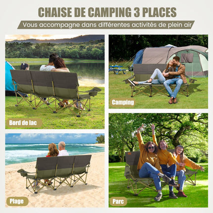 3-Personen-Falt-Campingstuhl, gepolstert, 2 Getränkehalter, Grün