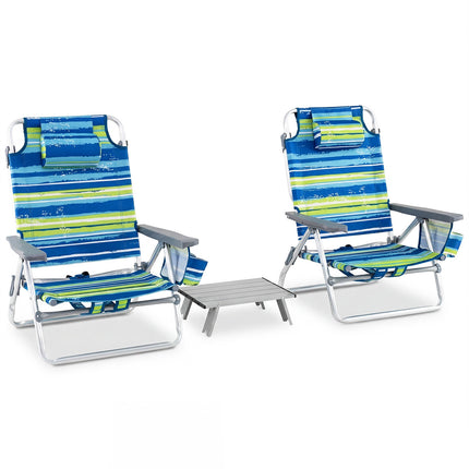 3-Piece Beach Chair and Table Set, Foldable, 5 Positions, Aluminium, Blue Green