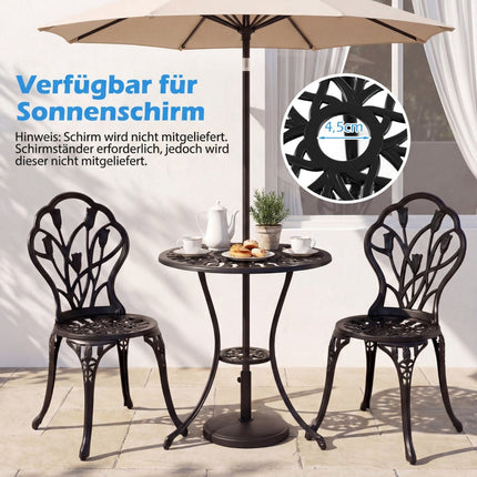 3-teiliges Bistroset aus Aluminiumguss mit Sonnenschirmloch
