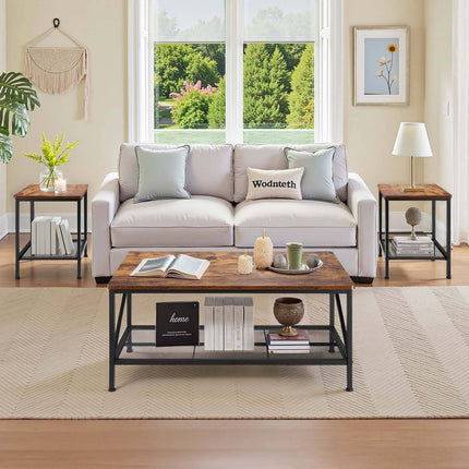 3-Piece Coffee Table Set, 105 cm, 2 End Tables, Metal Legs