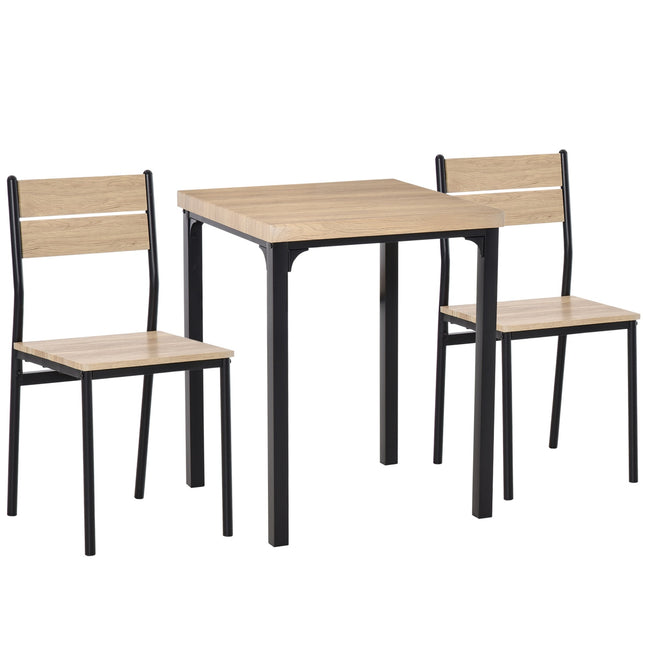 Třídílný jídelní set, stůl z MDF a kovové židle, dřevěný dekor