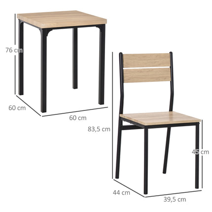 Třídílný jídelní set, stůl z MDF a kovové židle, dřevěný dekor