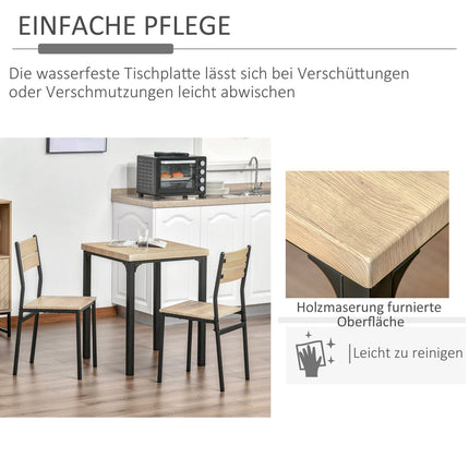 Třídílný jídelní set, stůl z MDF a kovové židle, dřevěný dekor