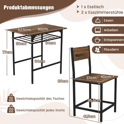 3dílný jídelní set, dřevěný stůl a kovový rám, hnědý