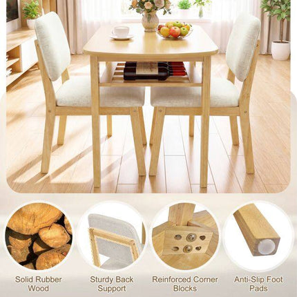 3-Piece Dining Set with Upholstered Chairs, Natural Wood