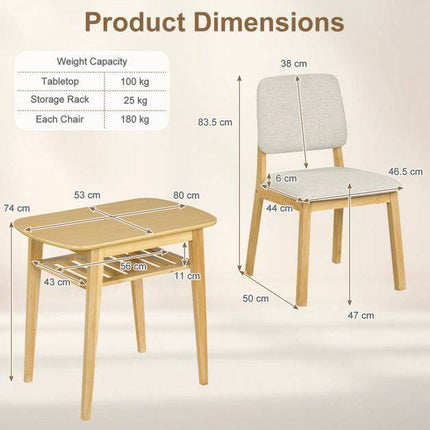 3-Piece Dining Set with Upholstered Chairs, Natural Wood