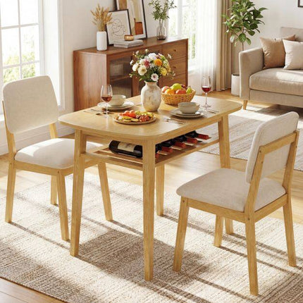 3-Piece Dining Set with Upholstered Chairs, Natural Wood