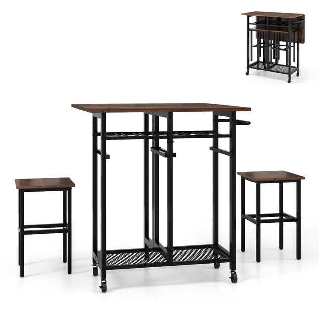 3 Piece Dining Table Set Extendable Kitchen Table on Wheels with 2 Chairs & Wine Rack & Shelves