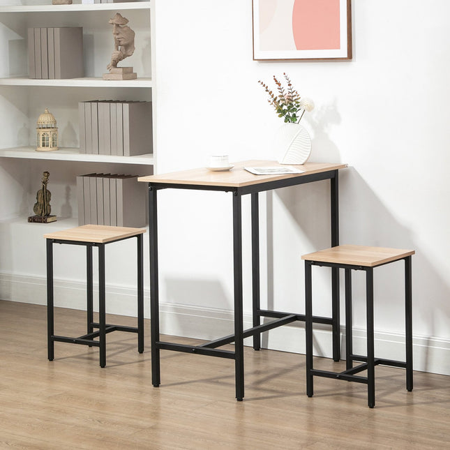 Třídílný bistro set, vzhled přírodního dřeva a ocel, 80x50x85 cm