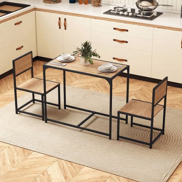 3-Piece Dining Table Set for 2, Metal Frame, Rustic Top