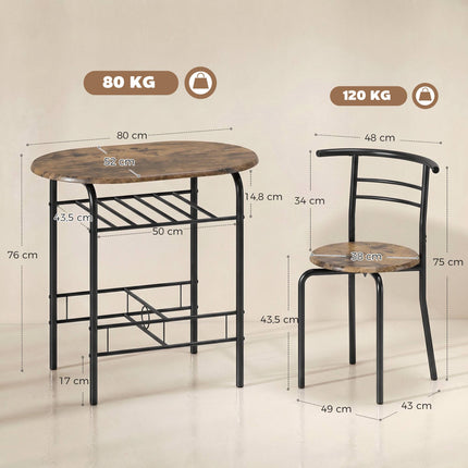 3-Piece Dining Table Set for 2, Shelf, Rustic Brown