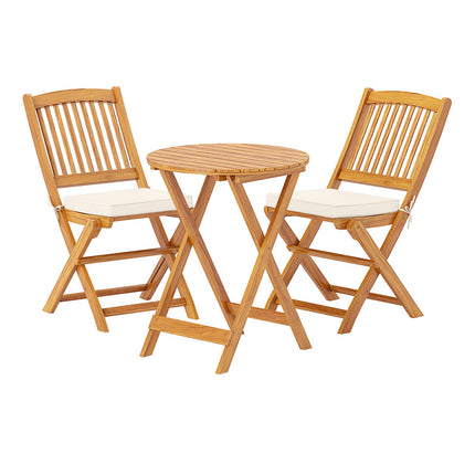 3dílný skládací bistro set – akáciové dřevo, béžové podsedáky