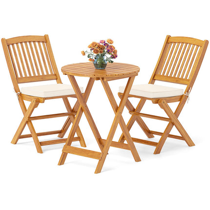 3dílný skládací bistro set – akáciové dřevo, béžové podsedáky