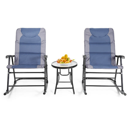 3dílný skládací bistro set, venkovní houpací křesla se stolem, modrá + šedá