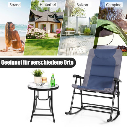 3dílný skládací bistro set, venkovní houpací křesla se stolem, modrá + šedá