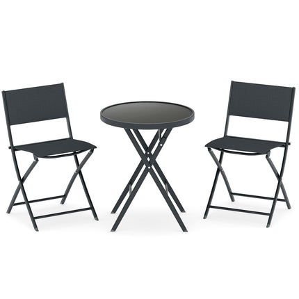 3dílný skládací bistro set se skleněným stolem – černý
