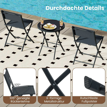 3dílný skládací bistro set se skleněným stolem – černý