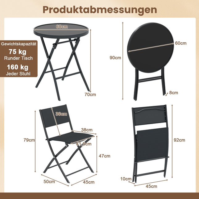 3dílný skládací bistro set se skleněným stolem – černý