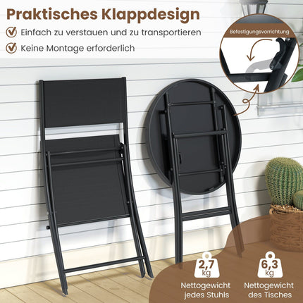3dílný skládací bistro set se skleněným stolem – černý