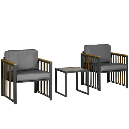 Třídílný šedý zahradní bistro set – židle a stůl s polstry