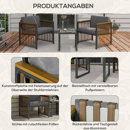Třídílný šedý zahradní bistro set – židle a stůl s polstry