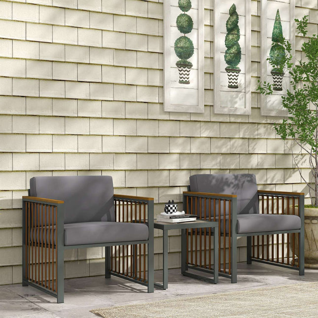 Třídílný šedý zahradní bistro set – židle a stůl s polstry