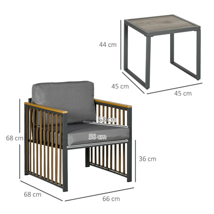 Třídílný šedý zahradní bistro set – židle a stůl s polstry