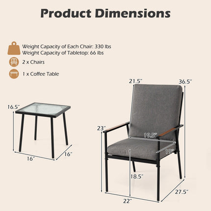 3-Piece Grey Garden Furniture Set with Cushions