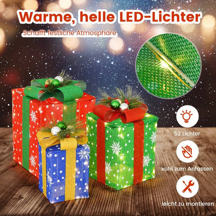 3dílná sada LED vánočních dárkových krabic s 52 teple bílými světly
