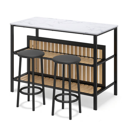 3-Piece Marble Dining Set with Storage and Bar Stools