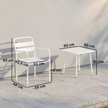 3dílný kovový zahradní bistro set se skleněným stolem, bílý