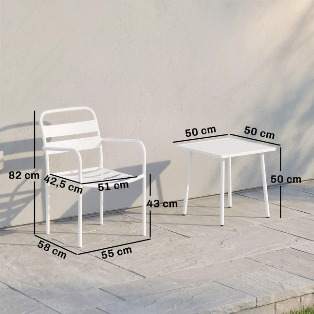 3dílný kovový zahradní bistro set se skleněným stolem, bílý