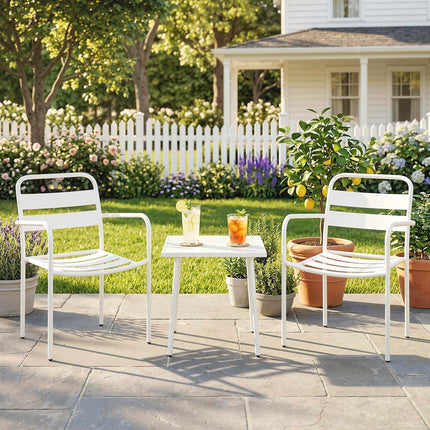 3dílný kovový zahradní bistro set se skleněným stolem, bílý