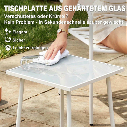 3dílný kovový zahradní bistro set se skleněným stolem, bílý